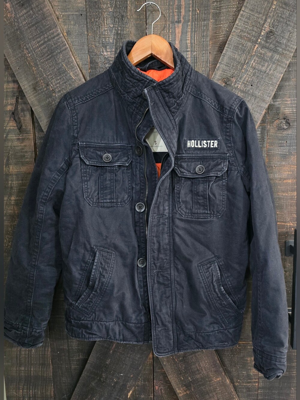 Hollister Womems Dark Navy Field Jacket with Orange Lining Y2K